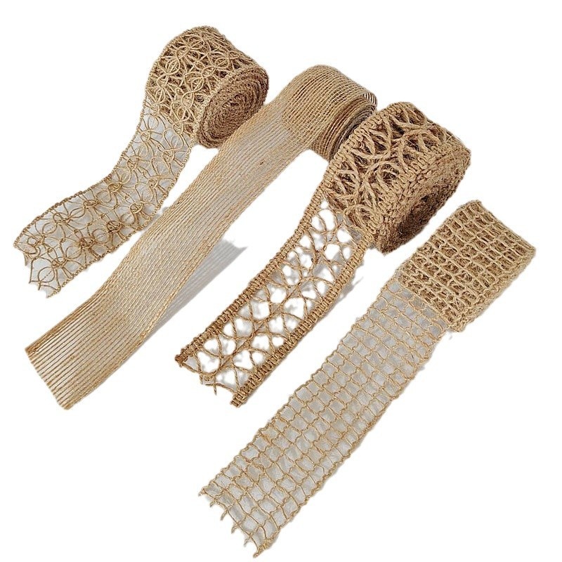 Eco-friendly Jute Webbing Floral Grosgrain Ribbon Christmas Gift Packaging Hand-Woven Natural Color 2m