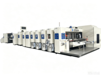 Machine automatique de fabrication de boîtes en carton ondulé avec impression flexographique, rainurage, découpe, pliage et collage en ligne