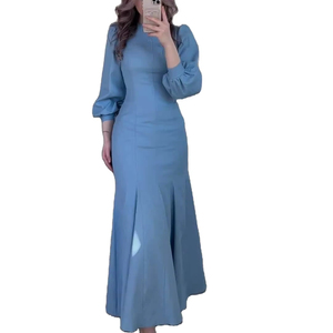 casual light blue long sleeve dress Tied Plunge Smocked Waist Flounce Sleeve Dress Sky Blue / M main image 1