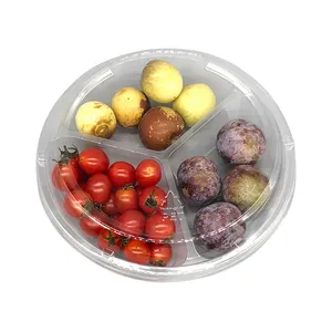 Vente en gros de matériel Pet, conteneur Simple à 3 compartiments rond en plastique plateau d'emballage de salade de fruits avec couvercle Transparent