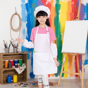 Ensemble tablier et <span class=keywords><strong>toque</strong></span> <span class=keywords><strong>de</strong></span> <span class=keywords><strong>chef</strong></span> pour enfants, couleur blanche, avec logo personnalisable, poche, pour la cuisine et la pâtisserie, pour garder les vêtements propres, avec manches - Product Image 1