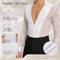 Chemise de danse latine/de salon pour homme à manches longues, en fibre de polyester antibactérienne, avec dentelle ornée de strass et empiècements multicolores