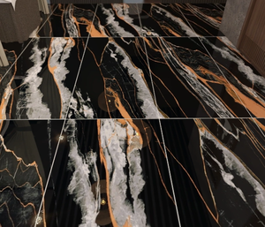 بلاط أرضي فاخر وعصري من البورسلين الأسود مع عروق ذهبية وبيضاء 600*1200، لامع للغاية بمظهر الرخام الحجري للفيلات وغرف الطعام والمعيشة - Product Image 5