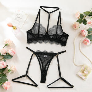 Lencería de luna de miel para novia, conjunto de lencería con liguero de encaje, <span class=keywords><strong>Bralette</strong></span> de 3 piezas de tiras, lencería de peluche, trajes sexis de tocador - Product Image 2