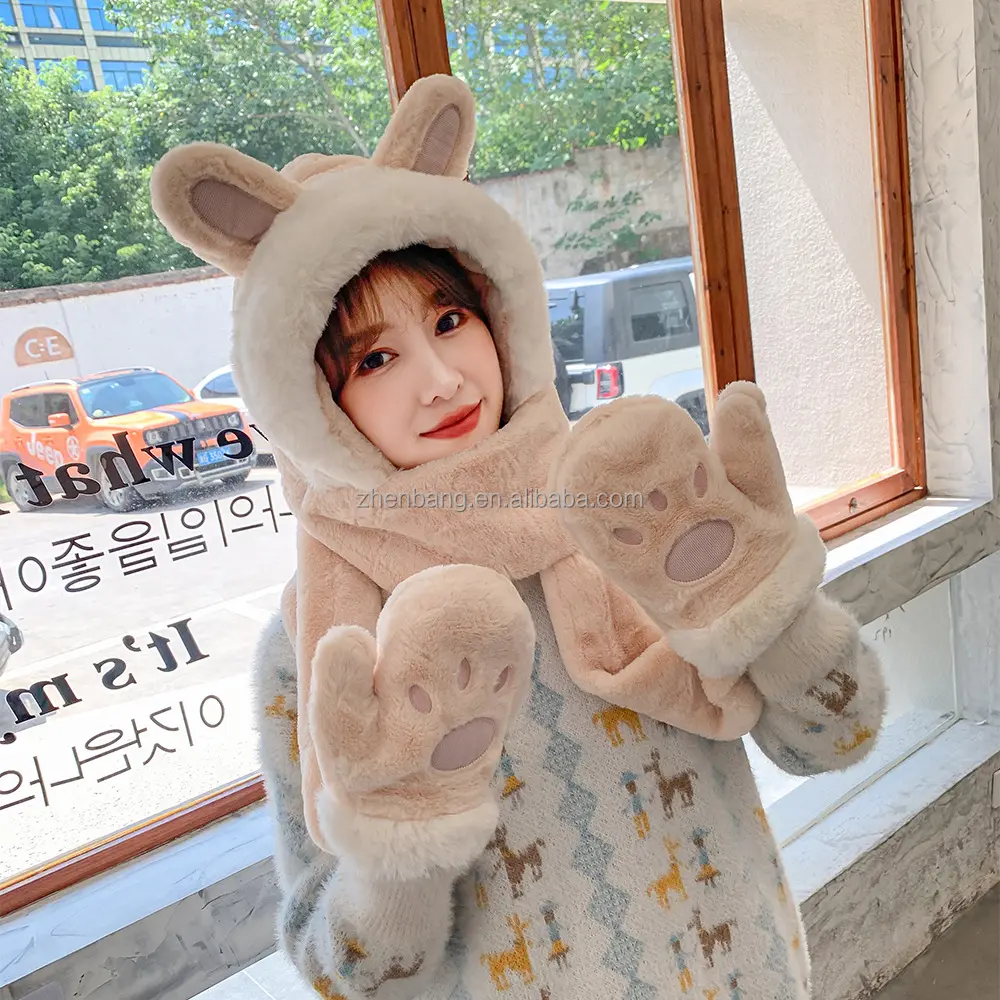 Die neue koreanische Version der kleinen Hasen ohren Hut Schal Handschuhe ein Winter warme Hut Schal Handschuhe dreiteiliges Set