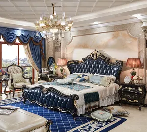 ヨーロピアンスタイルのベッド高級フレンチ無垢材レザー黒檀キングベッドマスターベッドルームウェディングベッド