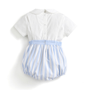 Ropa de <span class=keywords><strong>boutique</strong></span> de bebé niño personalizada para verano, bordado de vela, cuello Peter Pan, conjunto de 2 piezas corto a rayas a <span class=keywords><strong>la</strong></span> moda, 100% algodón - Product Image 2