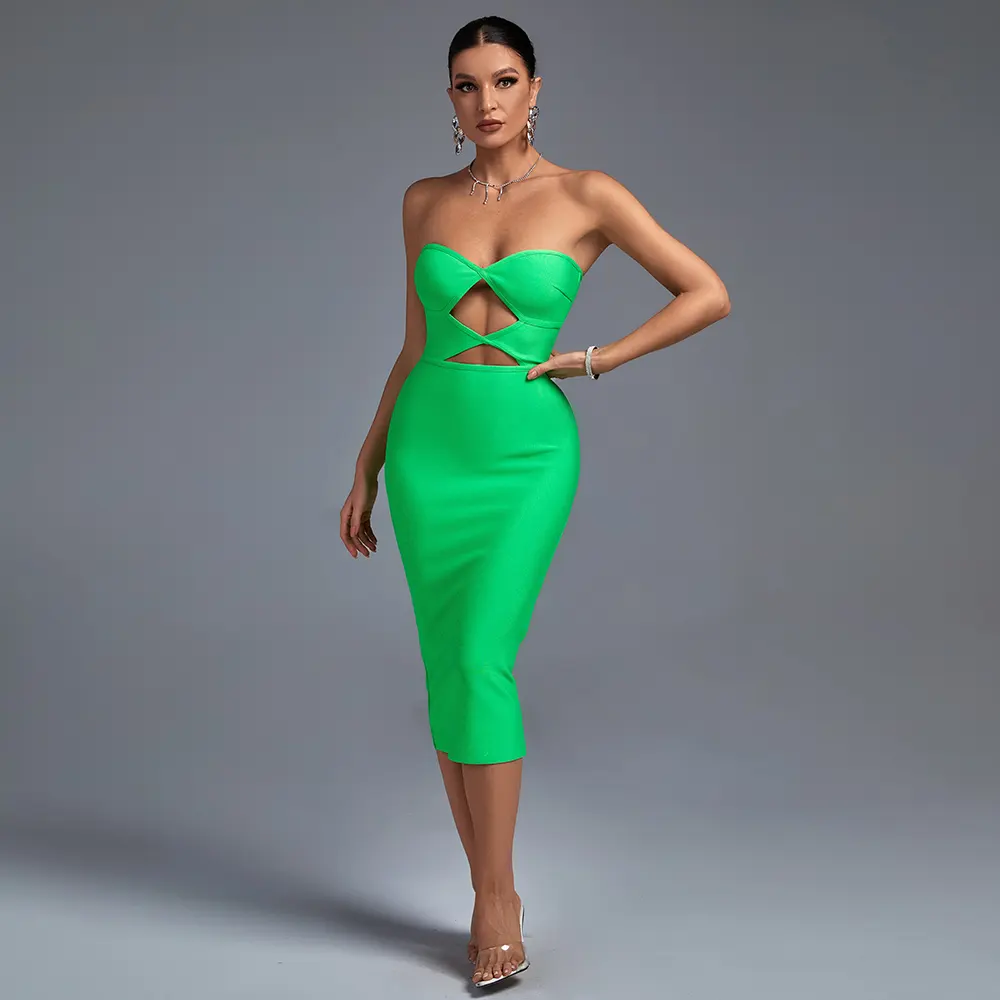 Nieuwste Producten Vrouwen Groen Bandage Dress Mouwloze Hollow Out Backless Rits Strapless Jurk Midi Bodycon Zomerjurk