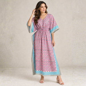 Pink Floral Print Bohemian <b>Kaftan</b> <b>for</b> <b>Women</b> Turquoise Border V-neck Maxi Dress Drawstring Waist All Seasons Resort Wear 100% - Product Image 1
