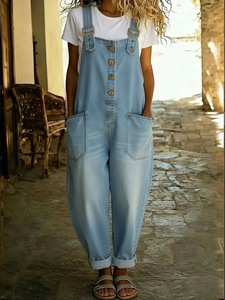 Mono vaquero de punto informal para mujer, estilo vintage europeo-americano, desgastado, de corte regular, cintura alta, con botones, para verano - Product Image 1