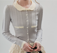 Cardigan en tricot pour femme, style français, col Claudine contrastant, fabrication artisanale de qualité