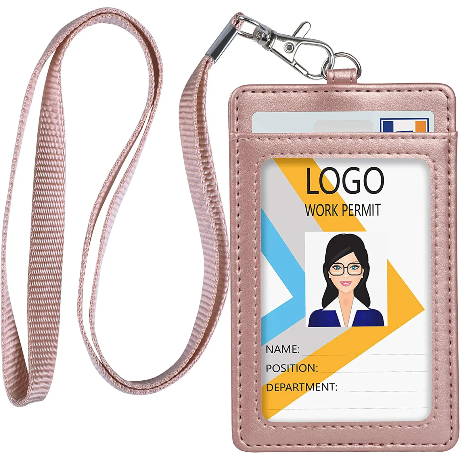 Kustom kulit PU berkualitas tinggi pemegang lencana nama ID tempat kartu vertikal dengan lanyard multi-kartu penutup