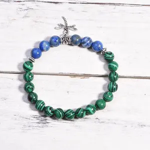 Fábrica al por mayor lindo malaquita lapislázuli cuentas de piedras preciosas naturales libélula encantos pulseras elásticas con cuentas