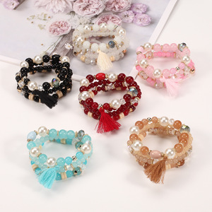 Fashion <b>Beaded</b> <b>Bracelets</b> Set With Tassel Imitation Pearl Acrylic Women's Bohemia Style Gift Jewelry Made In China - Product Image 2