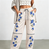 Jean en denim brodé pour femme, taille mi-haute, coupe ample style boyfriend, motif art populaire