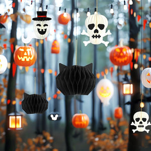 Enfeites de Halloween em Papel 3D em Forma de Colmeia, Caveira, Fantasma, Gato Preto, Dobráveis, Magnéticos, para Uso Interno/Externo, Ecológicos, em Pacote - Product Image 4