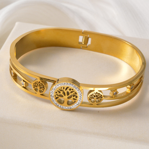 dazzling hollow life‑tree carving zircon embellished sleek bulk personnalisé 18k gold plated stainless steel <b>bangle</b> <b>bracelet</b> - Product Image 1