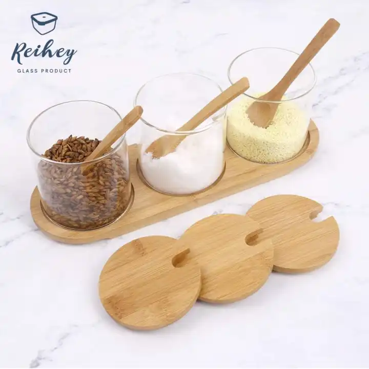 Condiment Container Seasoning Box Set Glass Condiment Canisters Pots with  Wooden Spoon Lid and Base