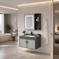 Ensemble de meuble-lavabo mural en aluminium gris foncé avec aspect marbre, porte en pierre frittée, vasque sous plan et miroir LED
