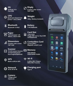 Xách tay Android 14 máy in cho trực tuyến đặt hàng thực phẩm quản lý di động cầm Tay POS thiết bị đầu cuối với máy in - Product Image 2