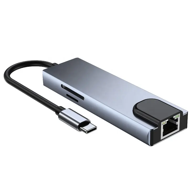Usb C Docking Station 6 In 1 Usb C <span class=keywords><strong>Hub</strong></span> Macbook <span class=keywords><strong>Type</strong></span>-C Adapter Met 4K Usb 3.0, sd/Tf Card Slots,PD3.0 Poort Opladen, Snelle RJ45