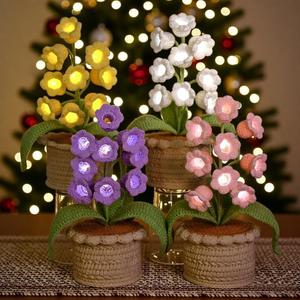 New Handmade Crochet 9-Headed Lighted Lily of the Valley Yarn Potted Gift Desktop Ornament China Floral Theme