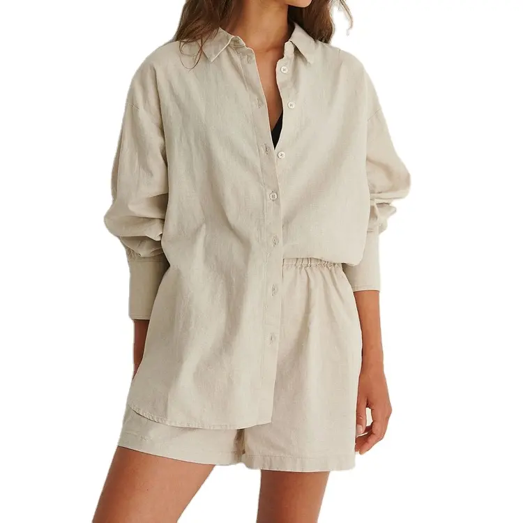 OEM Custom Women summer solid color Casual Linen Long Sleeve Shirt and Shorts woman clothing 2 pieces set
