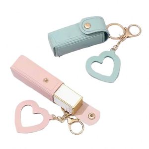 Quick Ship Cute Lipstick Holder <b>Key</b> <b>Chain</b> with Mini Heart Shape Mirror Women's PU Leather Keychain Single Lipstick Pouch - Product Image 1