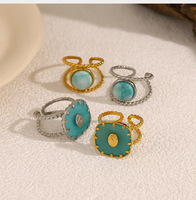Bague ouverte ajustable en acier inoxydable avec pierre turquoise, plaquée or 18 carats, double couche, certifiée, tendance, style bohème pour femme