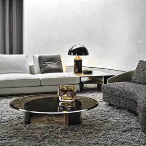 <span class=keywords><strong>Table</strong></span> basse <span class=keywords><strong>ronde</strong></span> de centre de thé en métal demi-cercle en verre trempé de style simple moderne noir et or - Product Image 3
