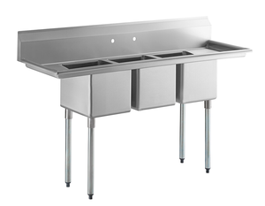 Évier en acier inoxydable à 3 compartiments avec pieds et dosseret galvanisés, équipement de cuisine commerciale, équipement de cuisine de restaurant - Product Image 3