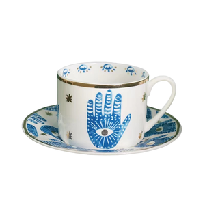 Ensemble de tasses à café en céramique à motif main de Hamsa avec bordure dorée et <span class=keywords><strong>soucoupe</strong></span> assortie pour des pauses-café à <span class=keywords><strong>la</strong></span> maison de style bohème et comme cadeau - Product Image 2