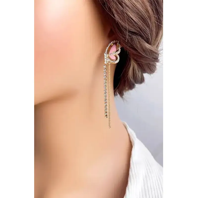 Vente en gros de boucles d'oreilles bijoux tendance boucles d'oreilles papillon diamant plaqué or avec pompon long pour femmes