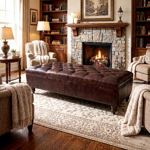 Sillón Otomano de Cuero Genuino Marrón Vintage de Lujo Hecho a Medida con Botones, <span class=keywords><strong>Banco</strong></span> Largo para Sala de Estar o Dormitorio - Product Image 1