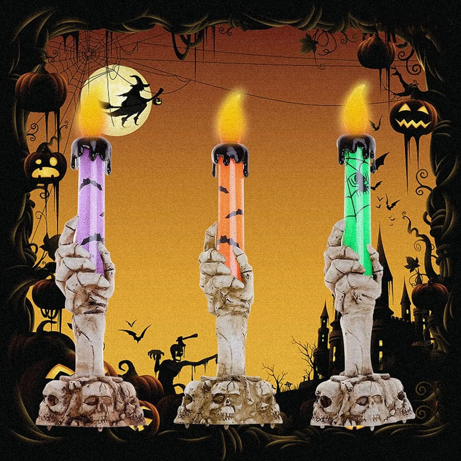 Vela fantasma para Halloween, luminária de mão com lâmpada de led, fantasma assustador, luzes roxas, chama de plástico