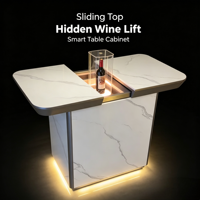 Mesa de Vino Deslizante Moderna y Oculta, Gabinete de Vino Eléctrico Inteligente con Elevación, Luz LED, Mesa Auxiliar de Mármol de Lujo para Bar en Casa, Sala de Estar