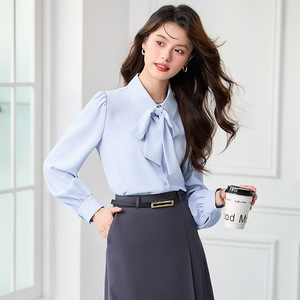 Women's Long Sleeve Bow Tie Blouse Solid Color Polyester Poplin Office Shirt XN6778 - Product Image 3