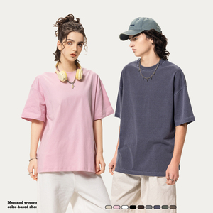 Usine chaude Ventes Directes De Mode Coton O Cou Solide Couleur Rétro Lavé À Manches Courtes T-shirt pour Hommes et Femmes - Product Image 1