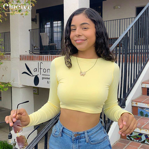 Clacive Nouveau Automne Vêtements À Manches Longues O Cou T Shirt Jaune Élégant Bandage Design Dos Nu Tops T-Shirts Femmes - Product Image 2