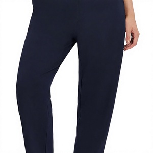 Pantalones de crepé azul marino de cintura alta con cintura elástica, corte casual y largo completo para mujer - Product Image 3