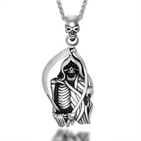 Collier pour homme en acier inoxydable, forme de crâne et de faucille, vente en gros, bijoux de squelette de jeu, cadeau d'anniversaire pour petit ami