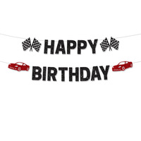 Bannière d'anniversaire Voiture de Course Noire et Rouge – Décorations Joyeux Anniversaire pour Fêtes et Célébrations