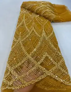 HFX 2024 nuovo tessuto di pizzo con perline fatto a mano per abito da sposa, ricamo nigeriano, perline 3D con paillettes, francese, di fascia alta