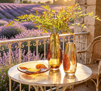 Vase en verre artistique gaufré or ambre de luxe pour l'automne, ensemble de plateaux à fruits, centre de table moderne à motif de feuilles pour mariage, fête et décoration intérieure