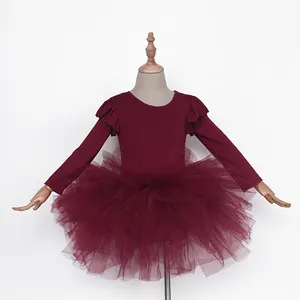 2020 Nieuwe Ontwerp Bourgondië Herfst Mode Lange Mouw Ballet Meisje Tutu Jurken Party Baby