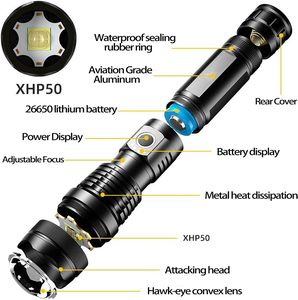 Lampe de chasse super lumineuse 20W, lampe torche LED la plus puissante, rechargeable par USB, zoomable, torche tactique Xhp70 pour la randonnée en plein air - Product Image 2