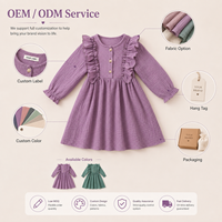Robe en gaze de coton à volants pour filles, texture froissée, manches longues, boutons en bois, couleurs pastel lavande et vert forêt, vente en gros