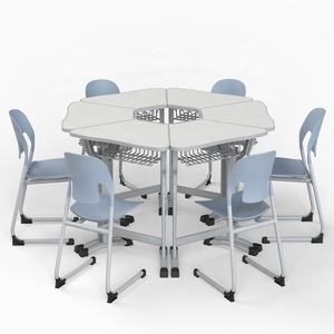 <strong>Height</strong> <strong>Adjustable</strong> Activity Circular Connecting Desk Diamond Collaborative School Student <strong>Tables</strong> with 6 Kids Plastic Party Chairs - Product Image 1