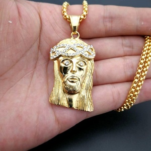 Hiphop Grande Petite Taille Plaqué Or Cristal Diamant Tête de Jésus Collier Pendentif Bijoux Religieux pour Couple - Product Image 5