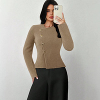 Kardigan Rajut Wanita Lengan Panjang Musim Gugur, Elegan, Santai, Kancing Asimetris, Warna Solid, Rajutan Mohair, Pakaian Kasual